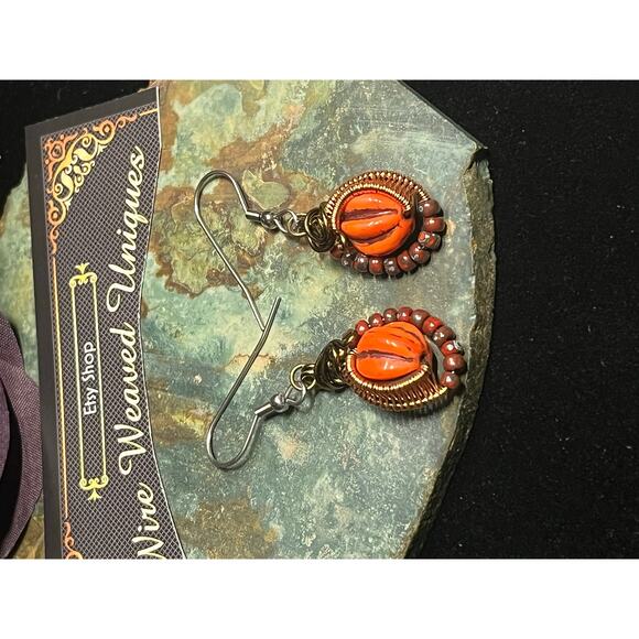 Handmade Wire Wrap Earrings Pumpkins - Picture 7 of 10